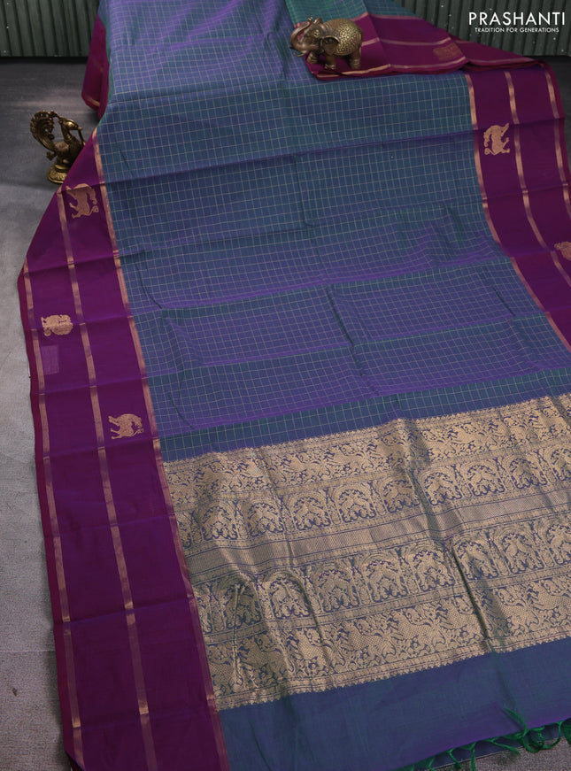 Kanchi cotton saree dual shade of green and purple with allover thread checked pattern and long zari woven butta border