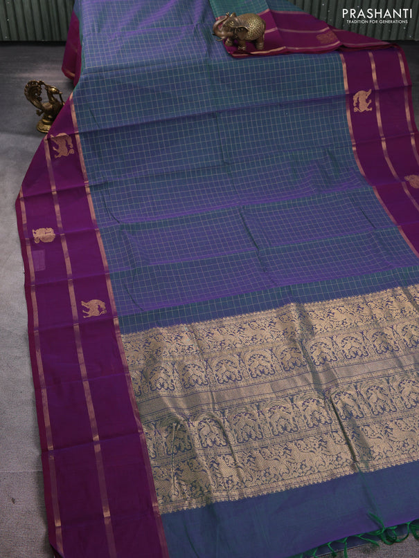 Kanchi cotton saree dual shade of green and purple with allover thread checked pattern and long zari woven butta border