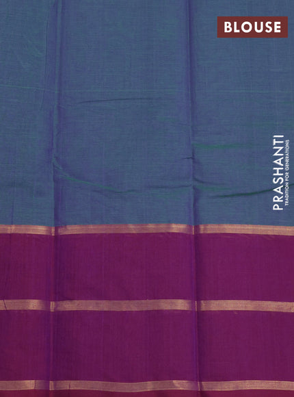 Kanchi cotton saree dual shade of green and purple with allover thread checked pattern and long zari woven butta border