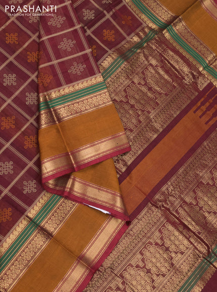 Kanchi cotton saree maroon and dark mustard with allover thread checks & rangoli buttas and long rettapet zari woven border