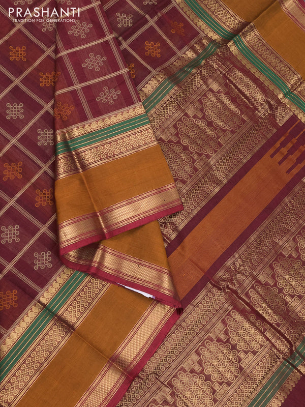 Kanchi cotton saree maroon and dark mustard with allover thread checks & rangoli buttas and long rettapet zari woven border