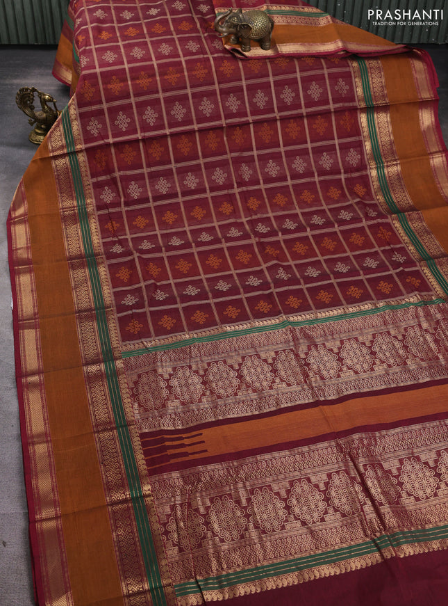 Kanchi cotton saree maroon and dark mustard with allover thread checks & rangoli buttas and long rettapet zari woven border