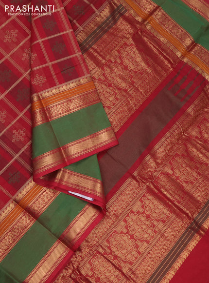Kanchi cotton saree red and green with allover thread checks & rangoli buttas and long rettapet zari woven border