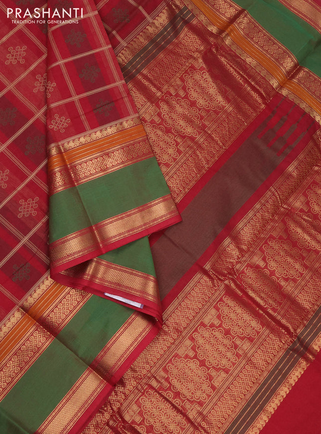 Kanchi cotton saree red and green with allover thread checks & rangoli buttas and long rettapet zari woven border