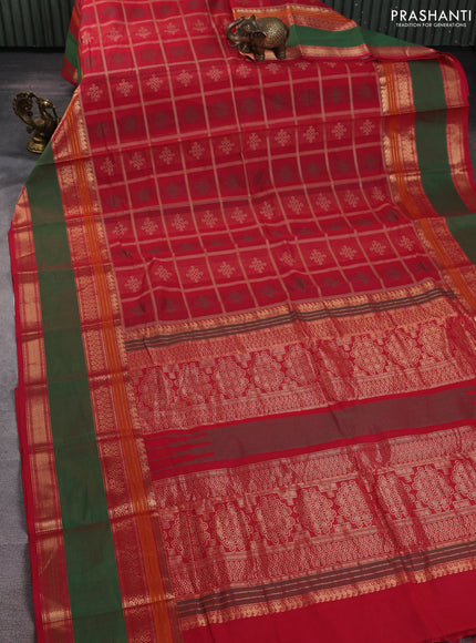 Kanchi cotton saree red and green with allover thread checks & rangoli buttas and long rettapet zari woven border