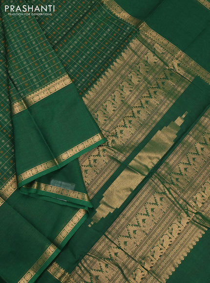 Kanchi cotton saree green with allover thread checks &1000 buttas and long rettapet zari woven border
