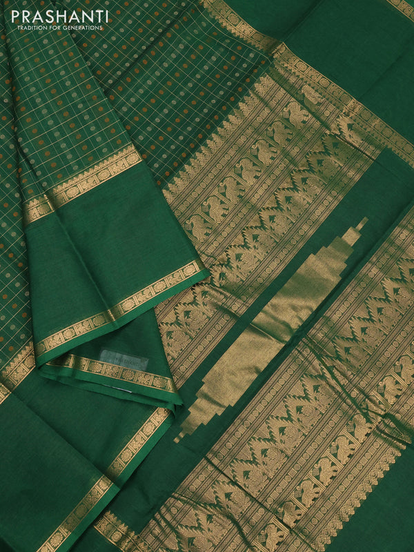 Kanchi cotton saree green with allover thread checks &1000 buttas and long rettapet zari woven border