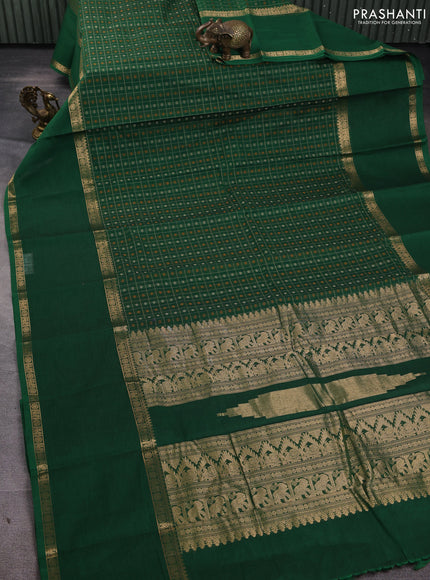 Kanchi cotton saree green with allover thread checks &1000 buttas and long rettapet zari woven border