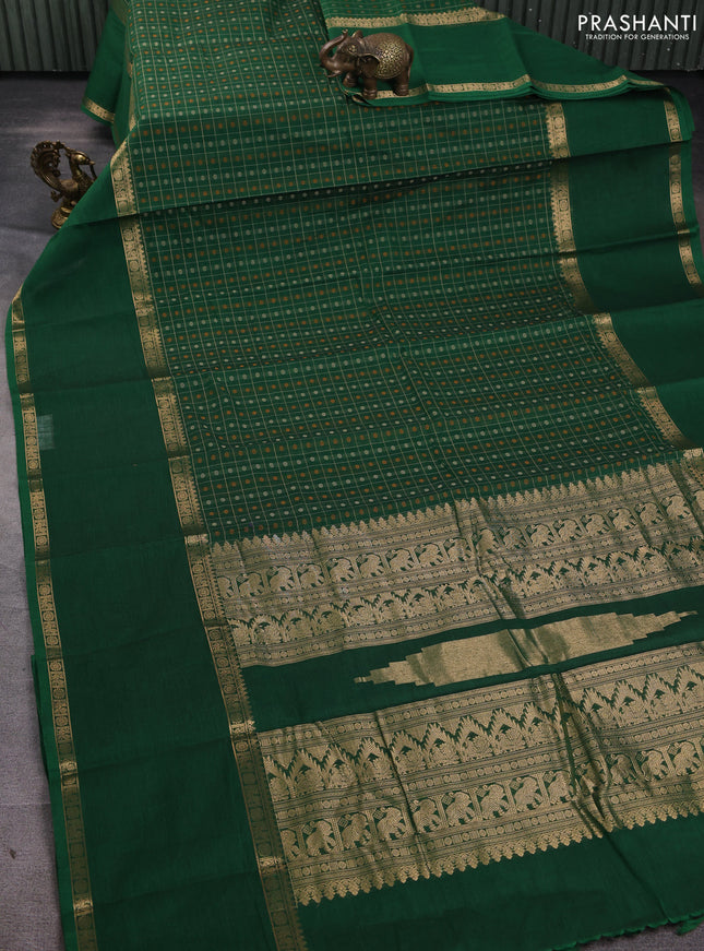 Kanchi cotton saree green with allover thread checks &1000 buttas and long rettapet zari woven border