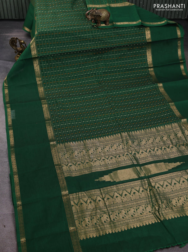 Kanchi cotton saree green with allover thread checks &1000 buttas and long rettapet zari woven border