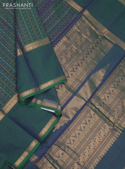 Kanchi cotton saree dual shade of greenish violet with allover thread checks &1000 buttas and long rettapet zari woven border