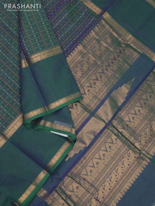 Kanchi cotton saree dual shade of greenish violet with allover thread checks &1000 buttas and long rettapet zari woven border