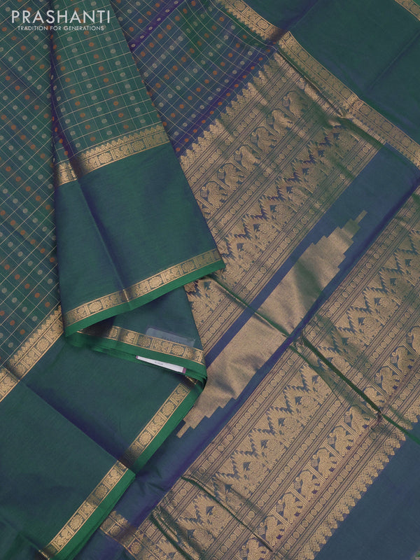 Kanchi cotton saree dual shade of greenish violet with allover thread checks &1000 buttas and long rettapet zari woven border