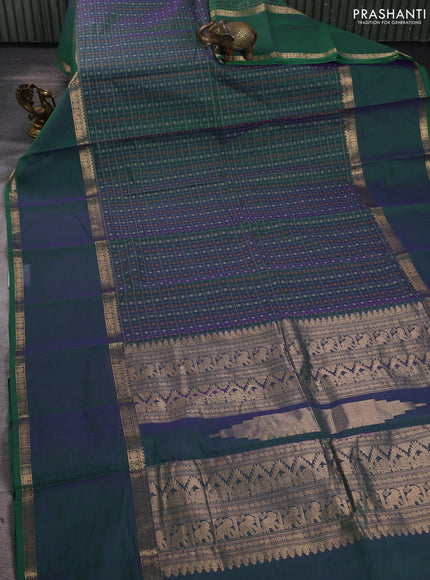 Kanchi cotton saree dual shade of greenish violet with allover thread checks &1000 buttas and long rettapet zari woven border