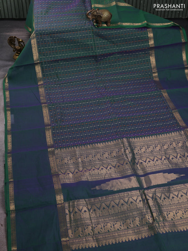 Kanchi cotton saree dual shade of greenish violet with allover thread checks &1000 buttas and long rettapet zari woven border