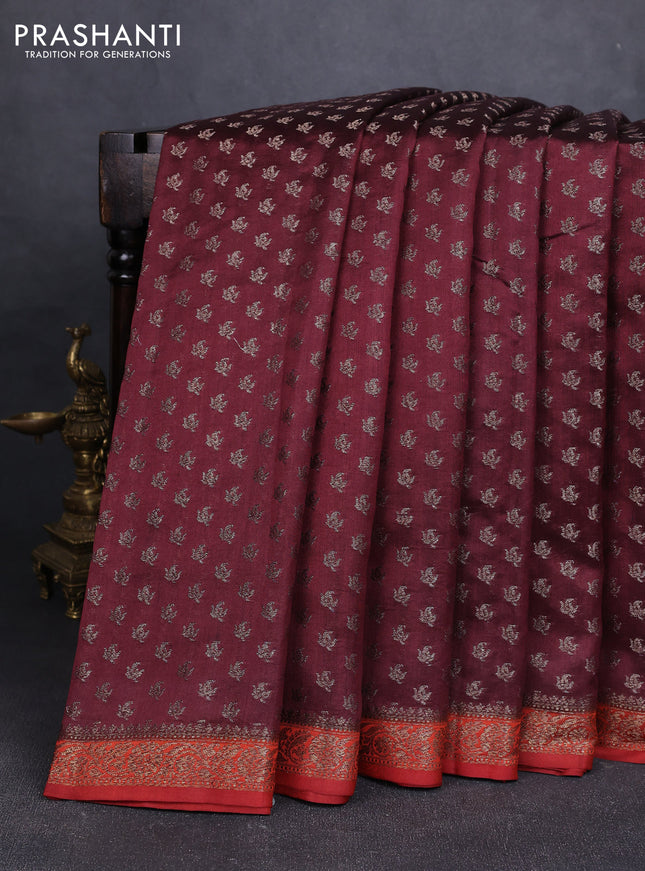 Chiniya silk saree deep maroon and rustic orange with allover thread & zari woven buttas and woven border