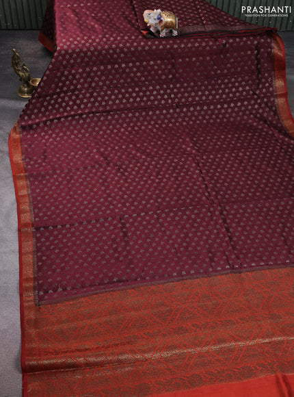 Chiniya silk saree deep maroon and rustic orange with allover thread & zari woven buttas and woven border