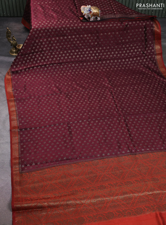 Chiniya silk saree deep maroon and rustic orange with allover thread & zari woven buttas and woven border