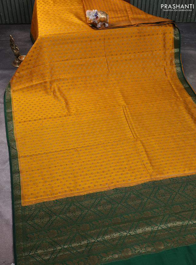 Chiniya silk saree mustard yellow and green with allover thread & zari woven buttas and woven border