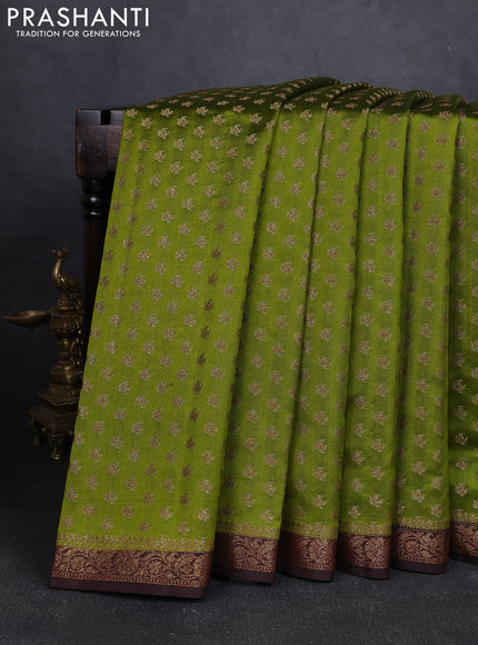 Chiniya silk saree mehendi green and coffee brown with allover thread & zari woven buttas and woven border
