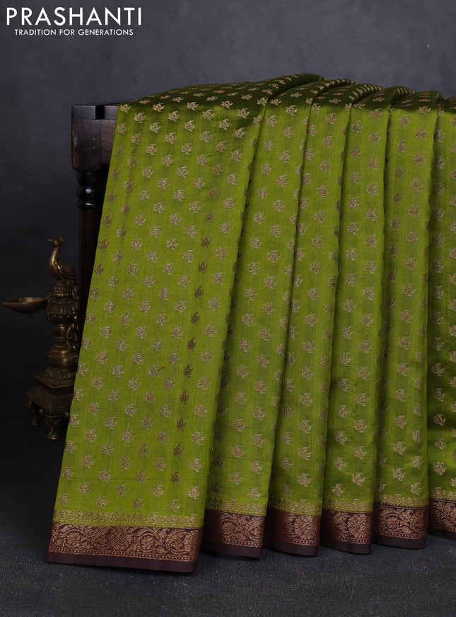 Chiniya silk saree mehendi green and coffee brown with allover thread & zari woven buttas and woven border
