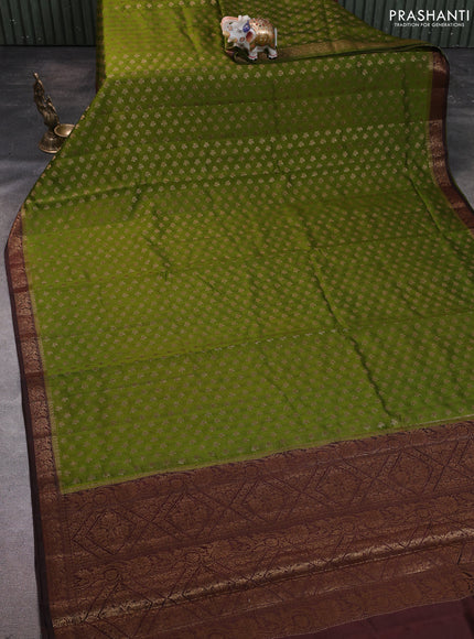 Chiniya silk saree mehendi green and coffee brown with allover thread & zari woven buttas and woven border