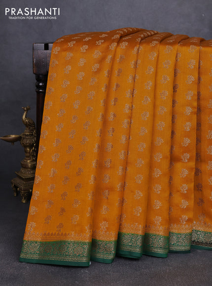 Chiniya silk saree mustard yellow and green with allover thread & zari woven buttas and woven border