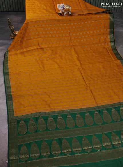 Chiniya silk saree mustard yellow and green with allover thread & zari woven buttas and woven border
