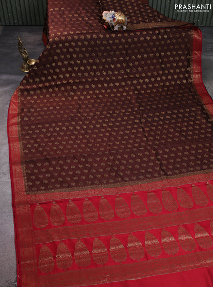 Chiniya silk saree coffee brown and maroon with allover thread & zari woven buttas and woven border