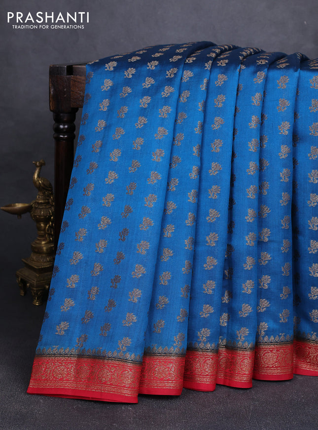 Chiniya silk saree peacock blue and maroon with allover thread & zari woven buttas and woven border