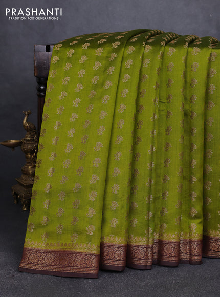 Chiniya silk saree mehendi green and coffee brown with allover thread & zari woven buttas and woven border