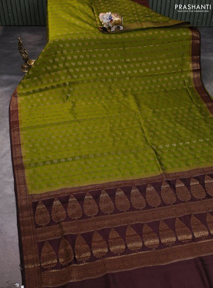 Chiniya silk saree mehendi green and coffee brown with allover thread & zari woven buttas and woven border