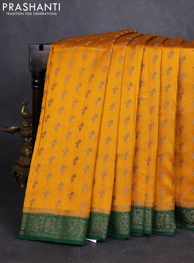 Chiniya silk saree mustard yellow and green with allover thread & zari woven buttas and woven border