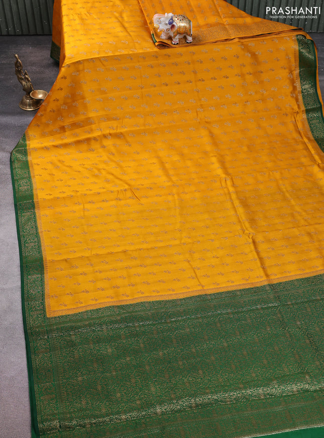 Chiniya silk saree mustard yellow and green with allover thread & zari woven buttas and woven border