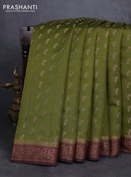 Chiniya silk saree mehendi green and coffee brown with allover thread & zari woven buttas and woven border