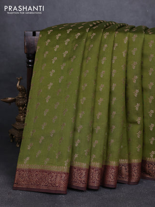 Chiniya silk saree mehendi green and coffee brown with allover thread & zari woven buttas and woven border