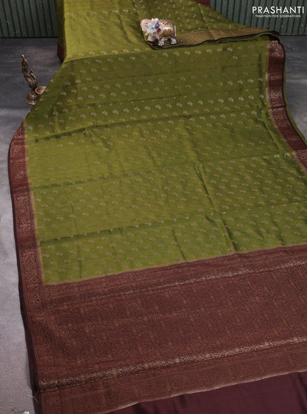 Chiniya silk saree mehendi green and coffee brown with allover thread & zari woven buttas and woven border
