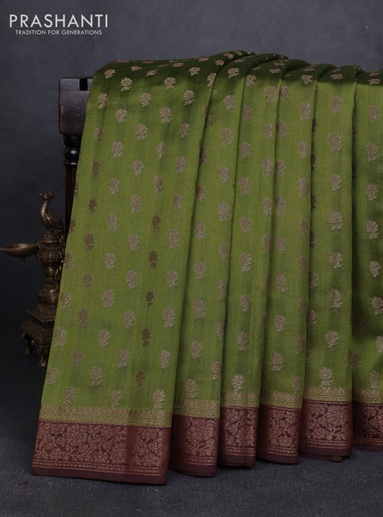 Chiniya silk saree mehendi green and deep maroon with allover thread & zari woven buttas and woven border