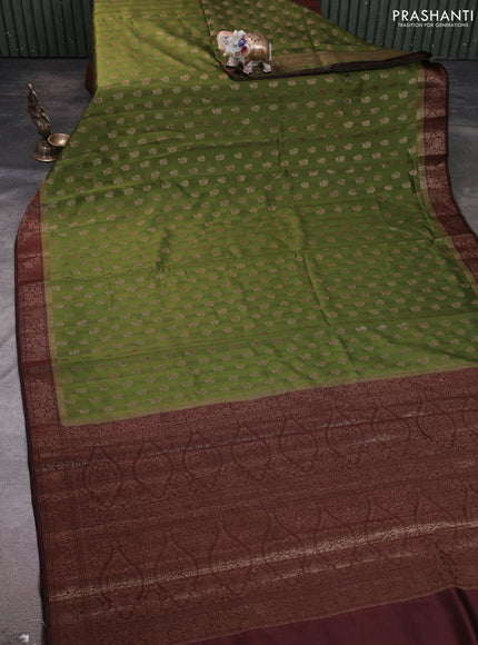 Chiniya silk saree mehendi green and deep maroon with allover thread & zari woven buttas and woven border