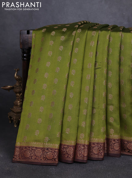 Chiniya silk saree mehendi green and coffee brown with allover thread & zari woven buttas and woven border
