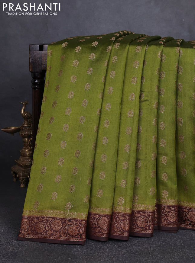 Chiniya silk saree mehendi green and coffee brown with allover thread & zari woven buttas and woven border