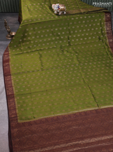 Chiniya silk saree mehendi green and coffee brown with allover thread & zari woven buttas and woven border