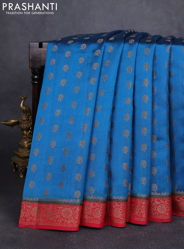 Chiniya silk saree peacock blue and maroon with allover thread & zari woven buttas and woven border