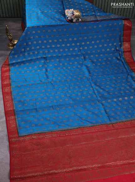 Chiniya silk saree peacock blue and maroon with allover thread & zari woven buttas and woven border