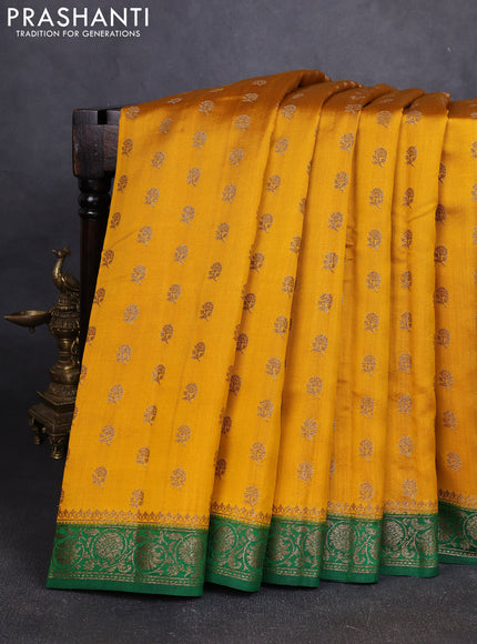 Chiniya silk saree mustard yellow and green with allover thread & zari woven buttas and woven border
