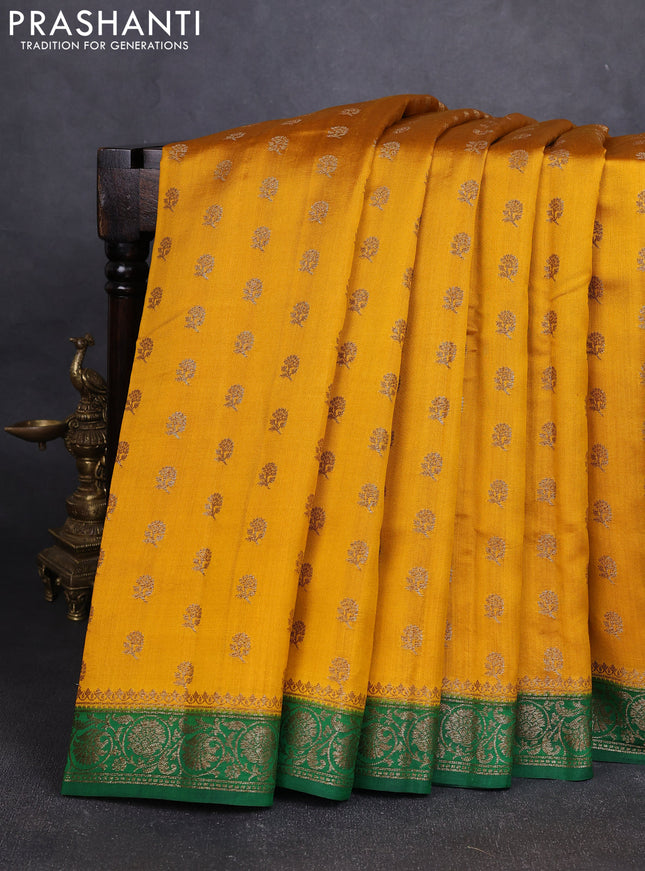 Chiniya silk saree mustard yellow and green with allover thread & zari woven buttas and woven border