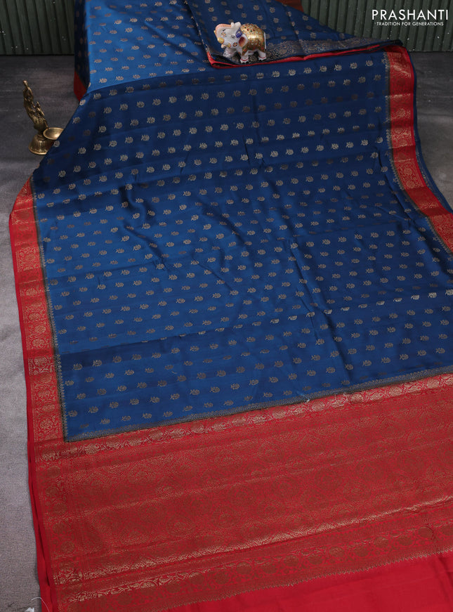 Chiniya silk saree peacock blue and maroon with allover thread & zari woven buttas and woven border