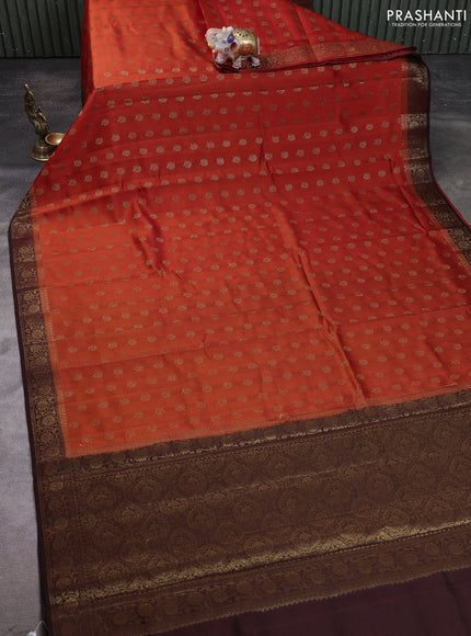 Chiniya silk saree orange and coffee brown with allover thread & zari woven buttas and woven border
