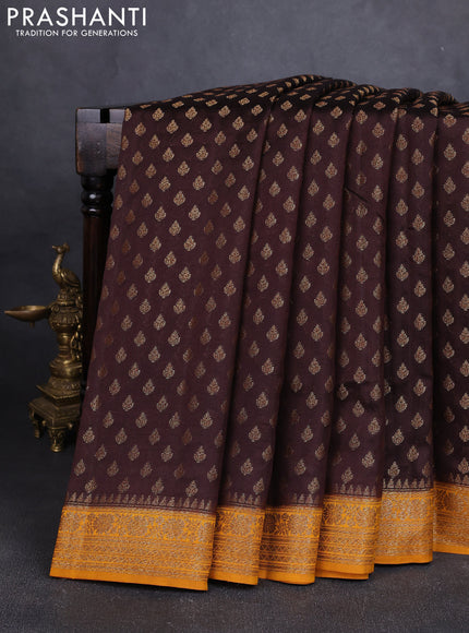 Chiniya silk saree coffee brown and mustard yellow with allover thread & zari woven buttas and woven border