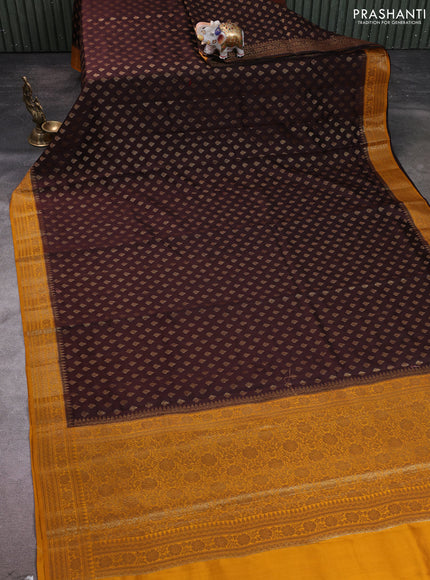 Chiniya silk saree coffee brown and mustard yellow with allover thread & zari woven buttas and woven border